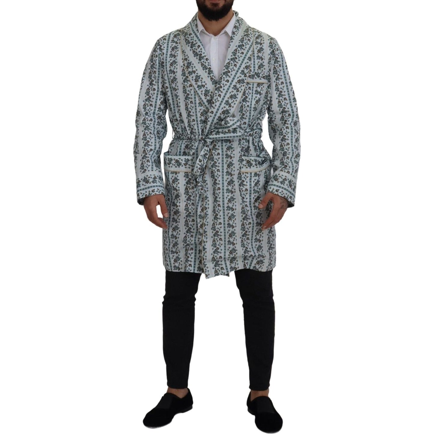 Dolce & Gabbana Blue Floral Cotton Robe Coat Jacket