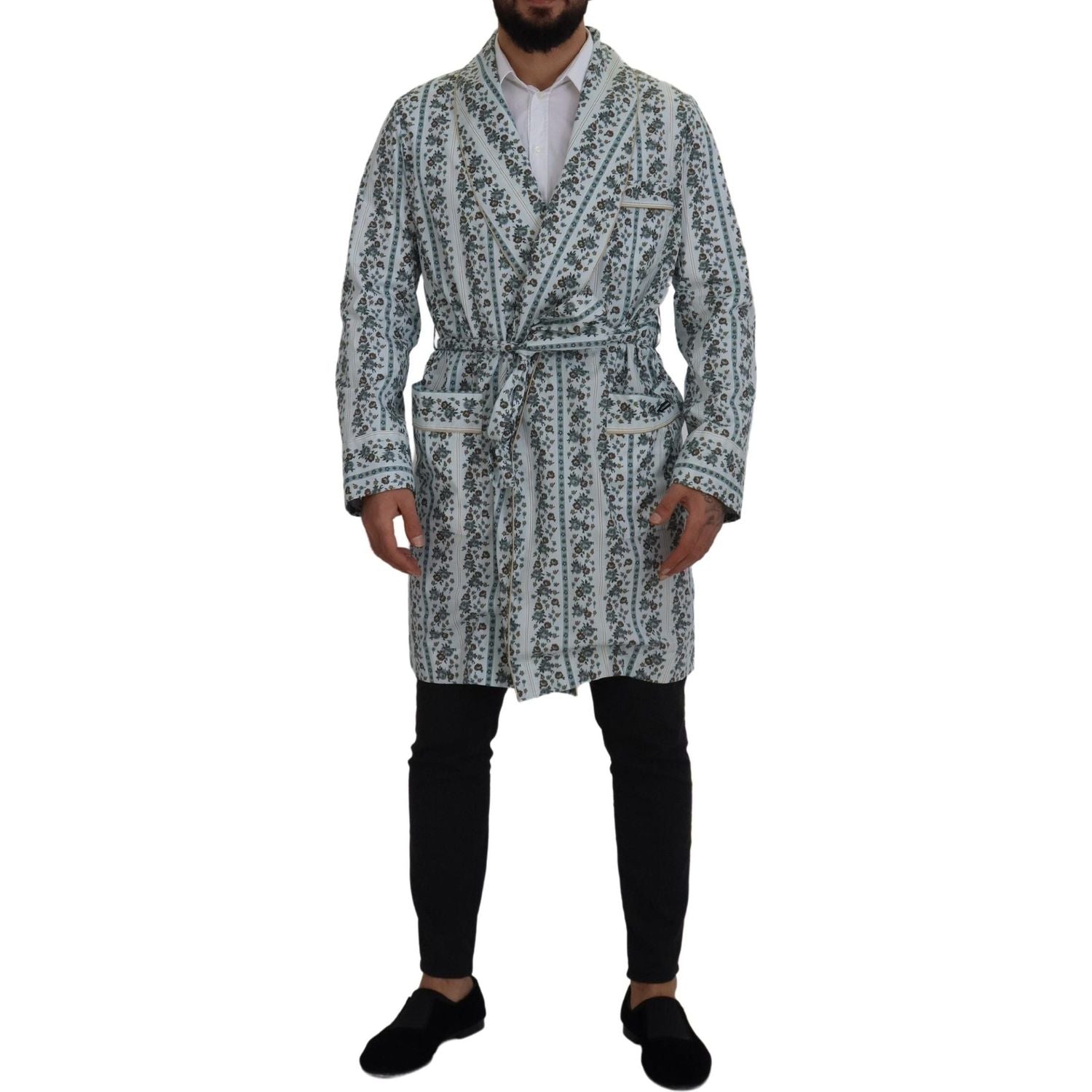 Dolce & Gabbana Blue Floral Cotton Robe Coat Jacket