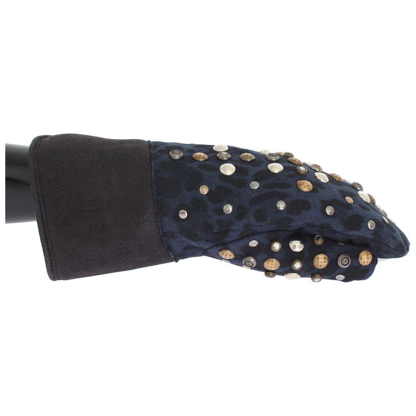 Dolce & Gabbana Gray Wool Shearling Studded Blue Leopard Gloves