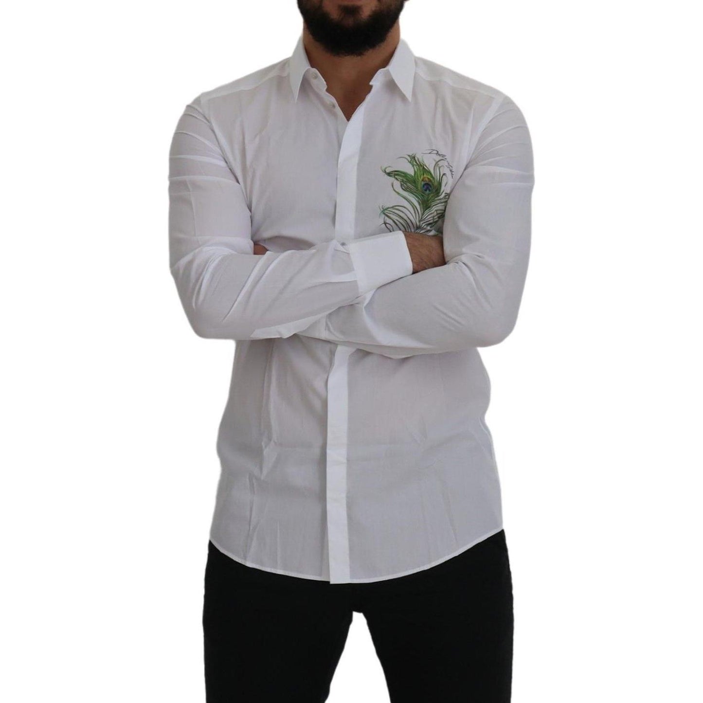 Dolce & Gabbana White Cotton Peacock Feather Formal GOLD Shirt