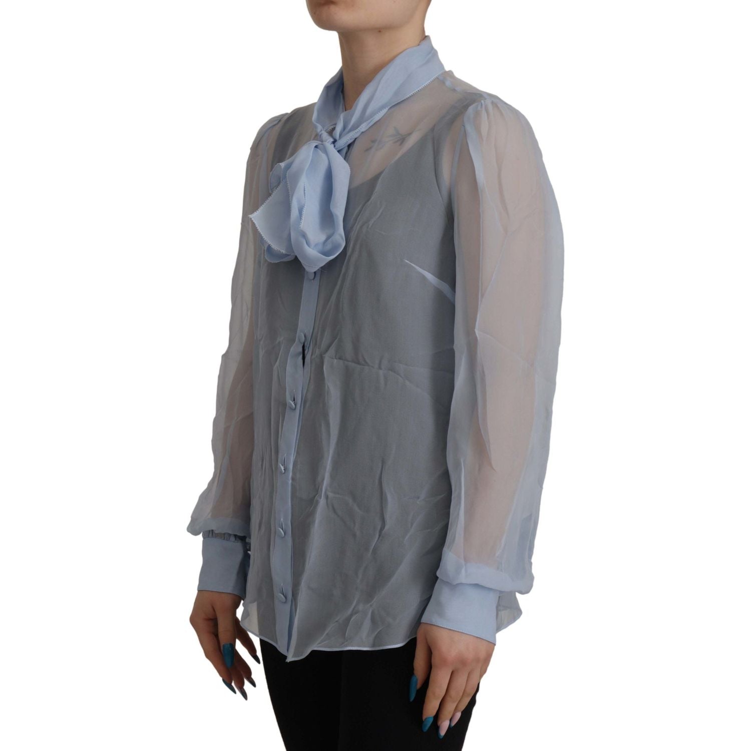 Dolce & Gabbana Light Blue Silk Ascot Collar Long Sleeves Top