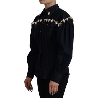 Dolce & Gabbana Blue Denim Crystal Embellish Cotton Jacket