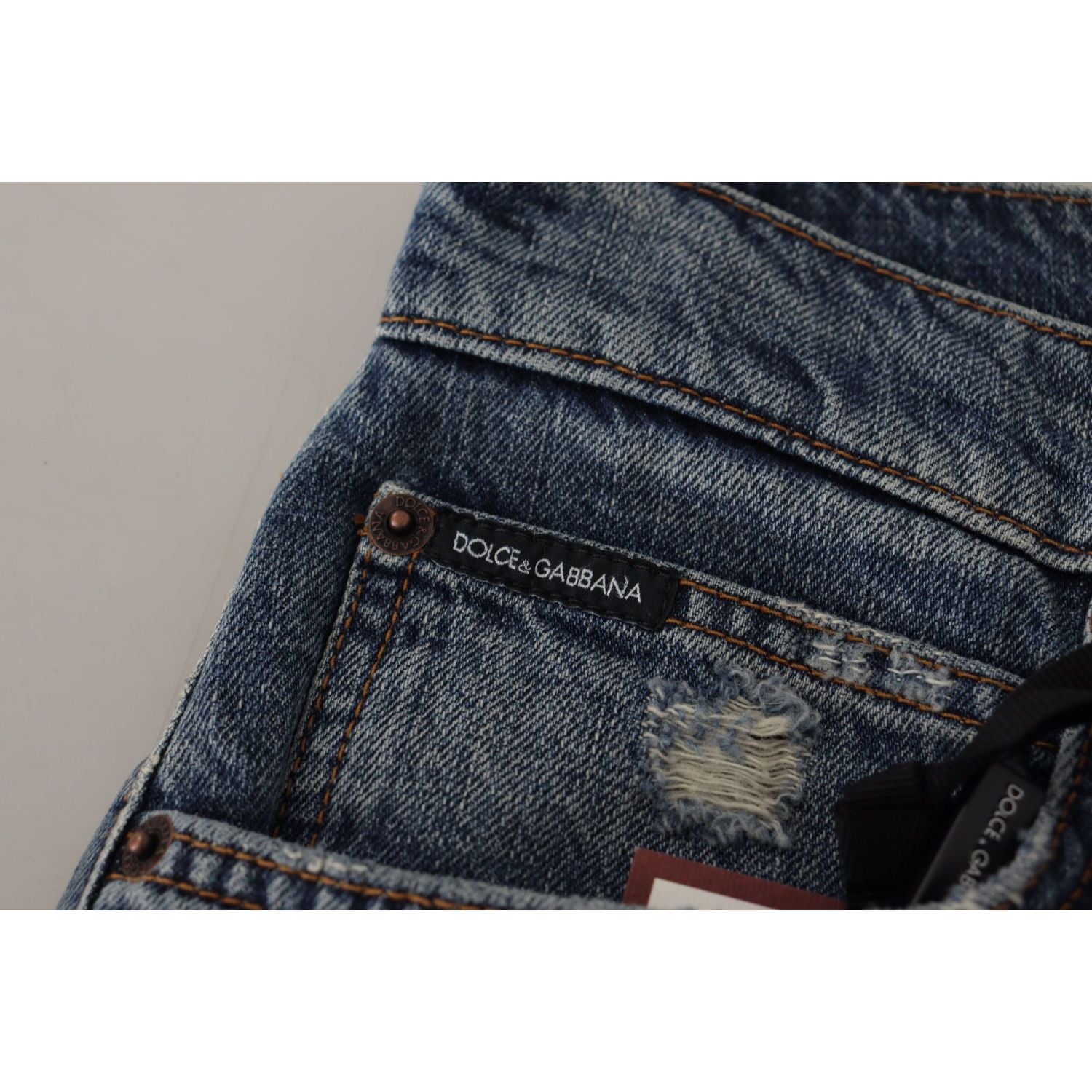 Dolce & Gabbana Blue Denim Baroque Heart Logo Patch Pants Jeans