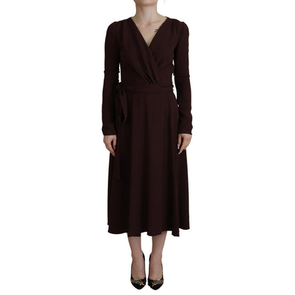Dolce & Gabbana Brown Wrap Long Sleeve Midi Stretch Dress