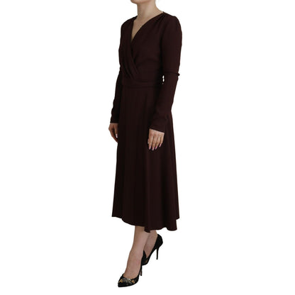 Dolce & Gabbana Brown Wrap Long Sleeve Midi Stretch Dress