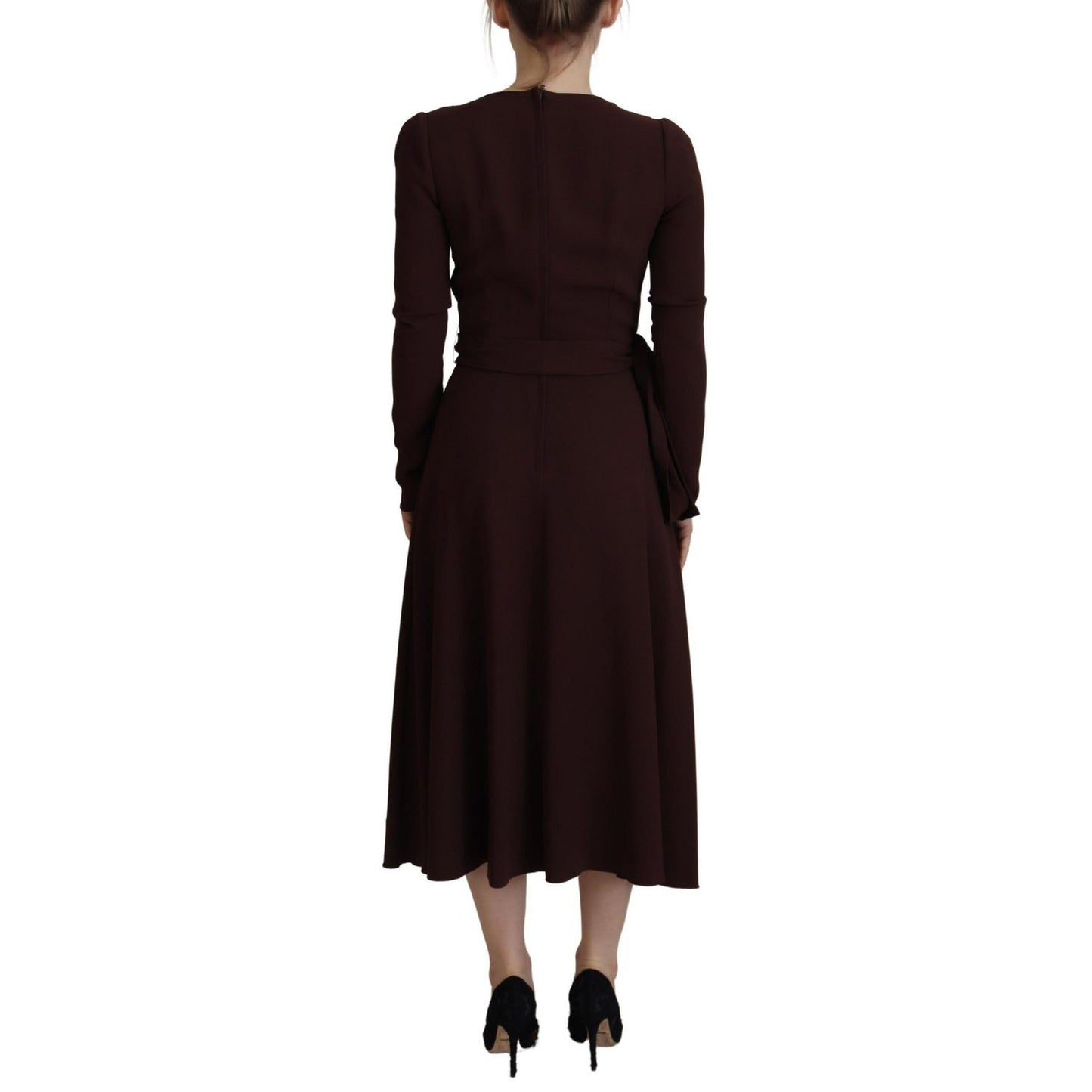 Dolce & Gabbana Brown Wrap Long Sleeve Midi Stretch Dress