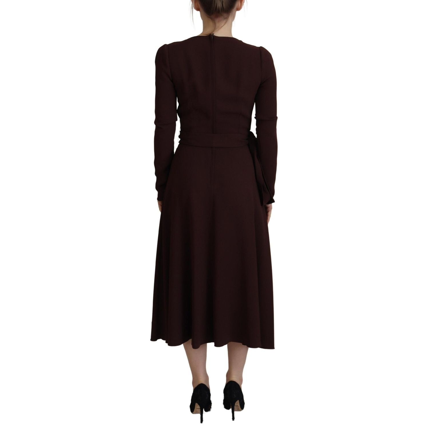 Dolce & Gabbana Brown Wrap Long Sleeve Midi Stretch Dress
