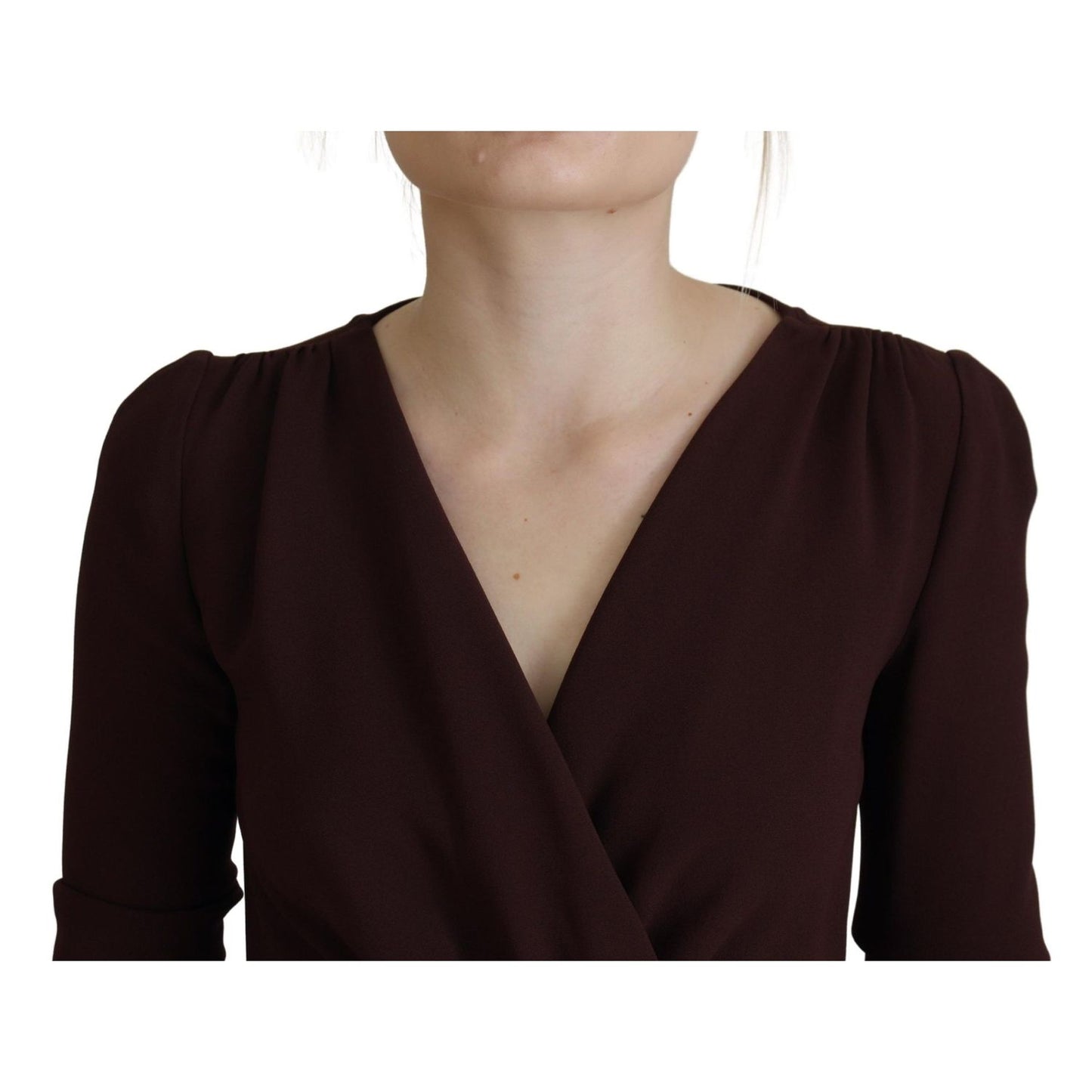 Dolce & Gabbana Brown Wrap Long Sleeve Midi Stretch Dress