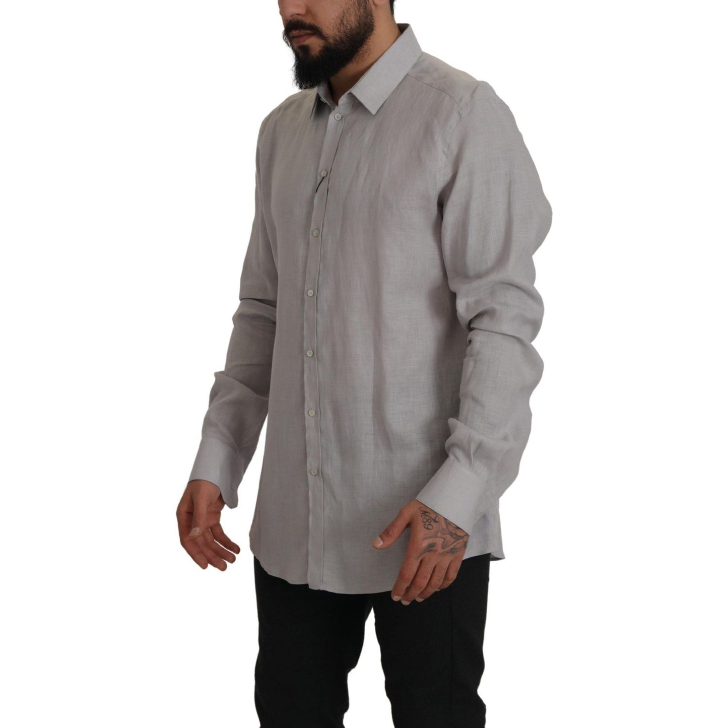 Dolce & Gabbana Gray Linen Long Sleeves Formal GOLD Shirt MAN SHIRTS