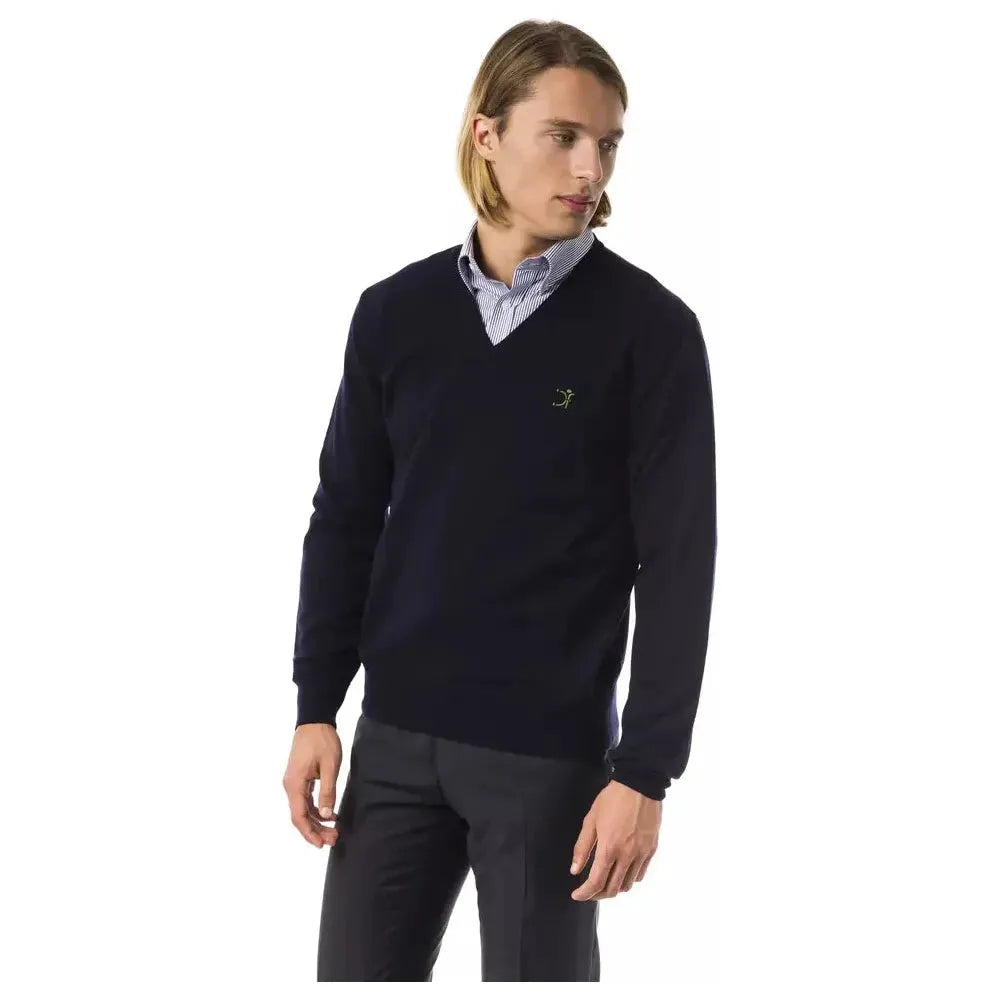 Uominitaliani Blue Merino Wool Men Sweater 1728,67345744032,Blue,Clothing,M,Men,Men - Clothing,New with tags,S,Sweaters - Clothing,Sweaters - Men - Clothing,Sweatshirts - Sweaters - Clothing,Uominitaliani,XS