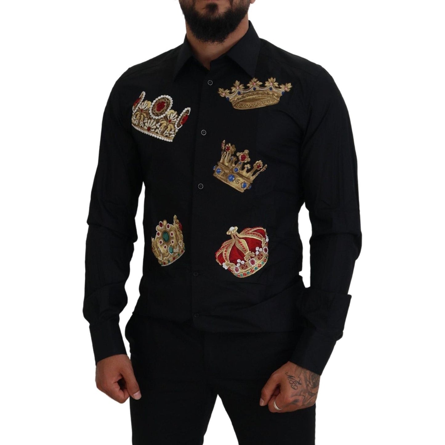 Dolce & Gabbana Black Gold Crown Slim Fit Dress Formal Shirt