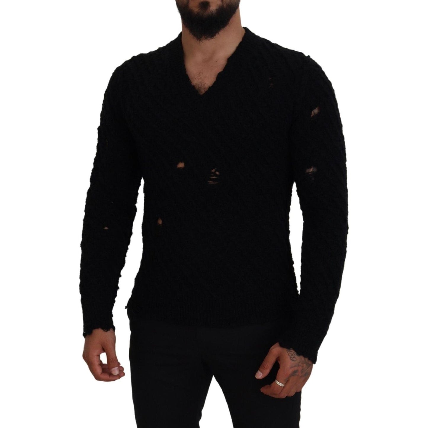 Dolce & Gabbana Black Wool V-neck Knitted Pullover Sweater