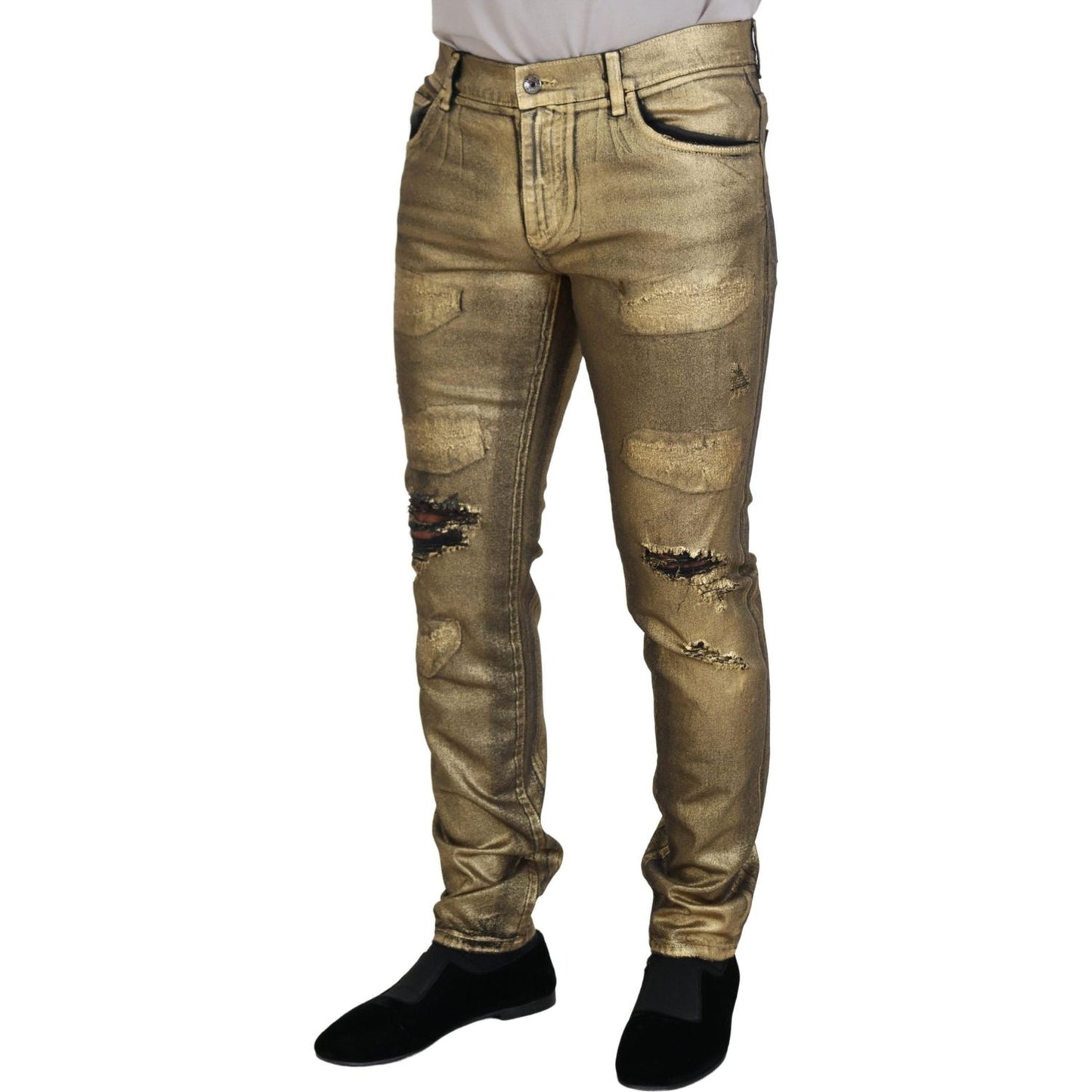 Dolce & Gabbana Gold Cotton Tattered Skinny Men Denim Jeans