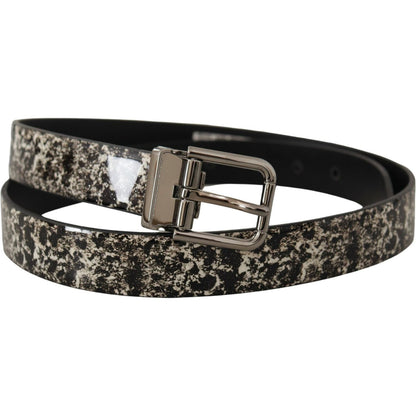 Dolce & Gabbana Black Marble Print Leather Silver Logo Buckle Belt