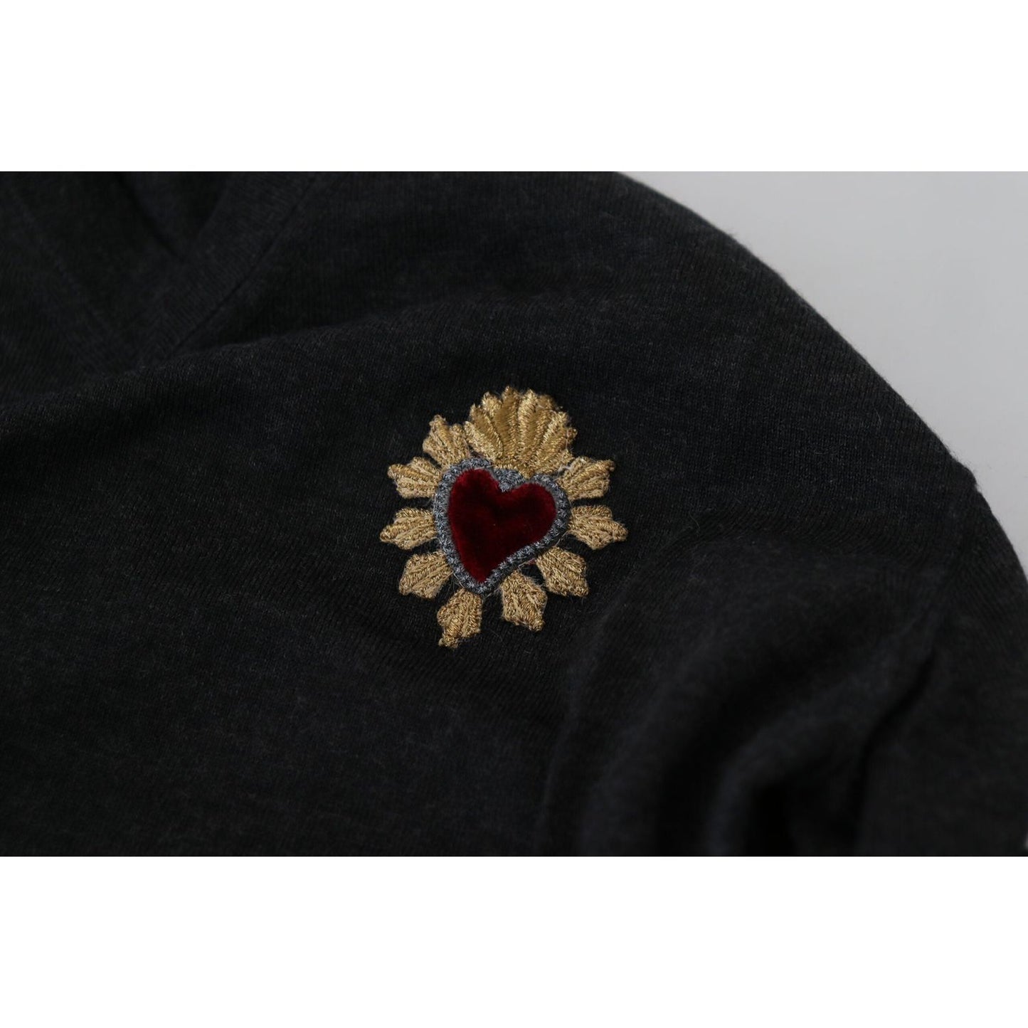 Dolce & Gabbana Gray Cashmere V-neck Gold Heart Sweater