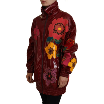 Dolce & Gabbana Maroon Floral Full Zip Polyester Women Jacket