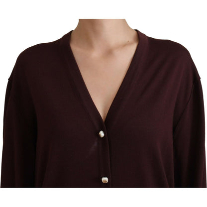 Dolce & Gabbana Maroon Wool Knit Deep V-neck Cardigan Sweater