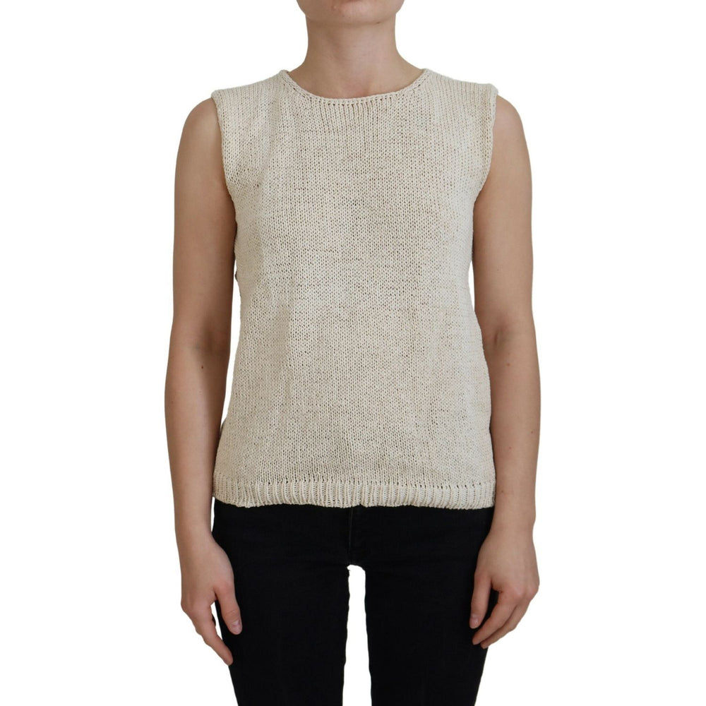 PINK MEMORIES Beige Cotton Blend Sleeveless Round Neck Tank Top
