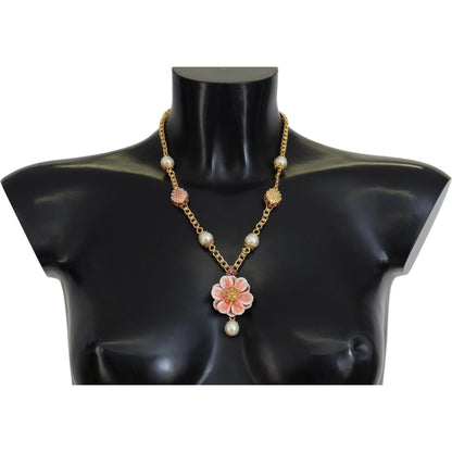 Dolce & Gabbana Gold Tone Floral Crystals Pink Embellished Necklace