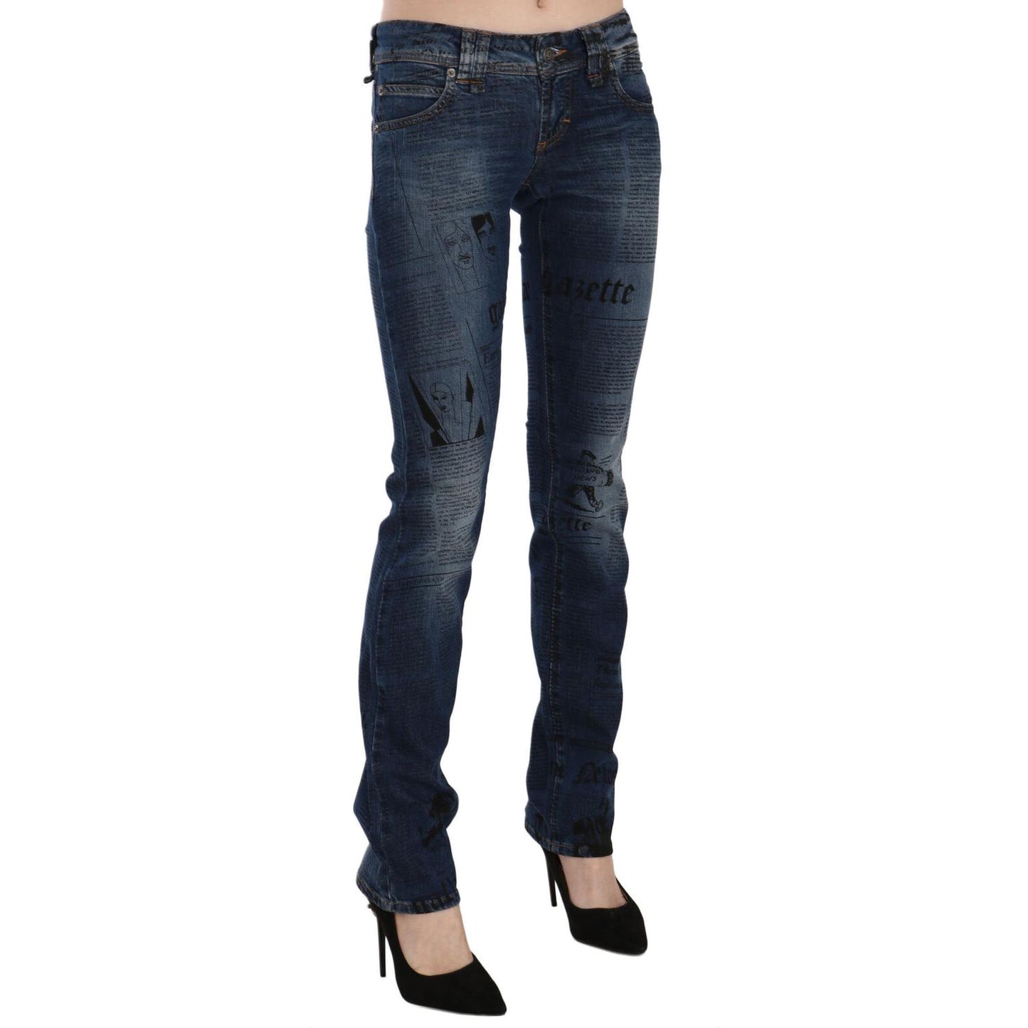 John Galliano Blue Newspaper Print Low Waist Skinny Denim Pants