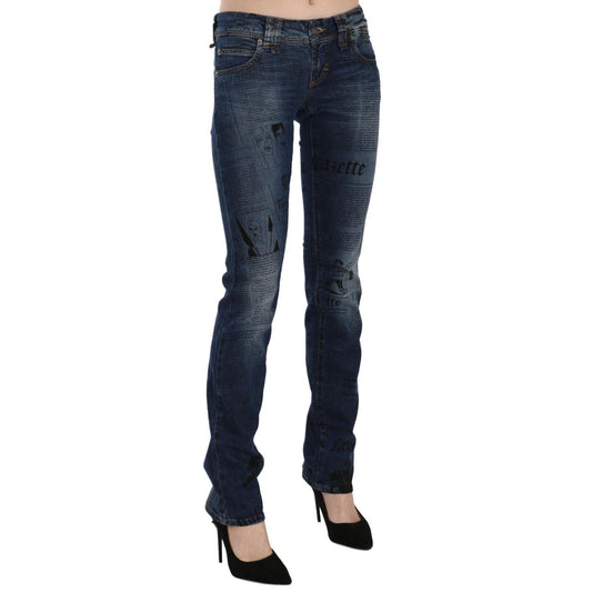 John Galliano Blue Newspaper Print Low Waist Skinny Denim Pants