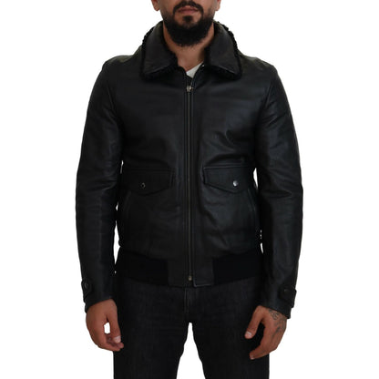 Dolce & Gabbana Black Lamb Leather Collared Men Coat Jacket