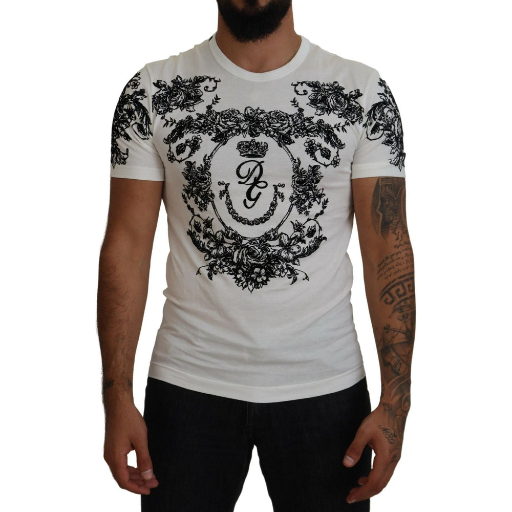 Dolce & Gabbana White DG Crown Floral Crewneck Men T-shirt