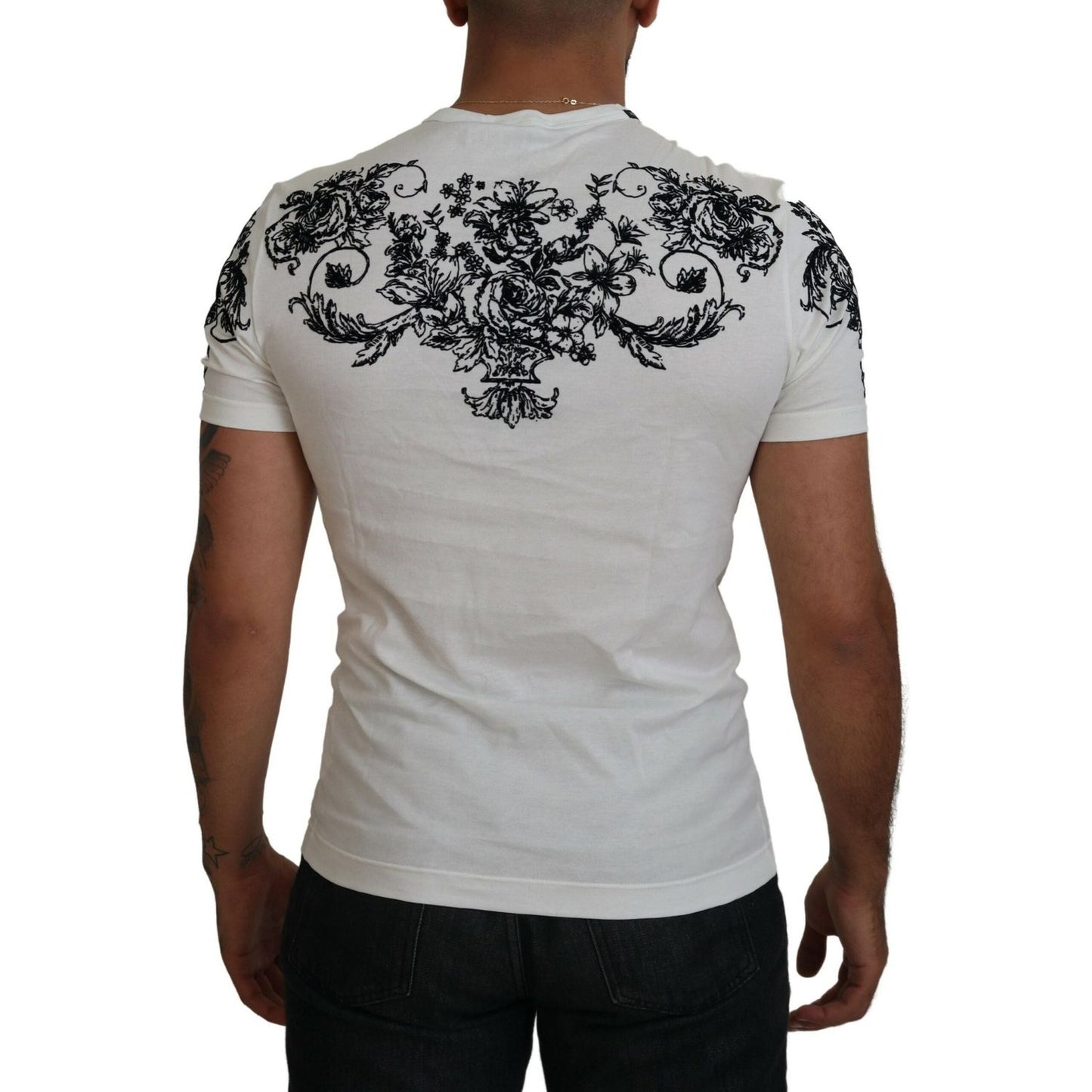 Dolce & Gabbana White DG Crown Floral Crewneck Men T-shirt