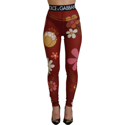 Dolce & Gabbana Red Floral Leggings Stretch Waist Pants