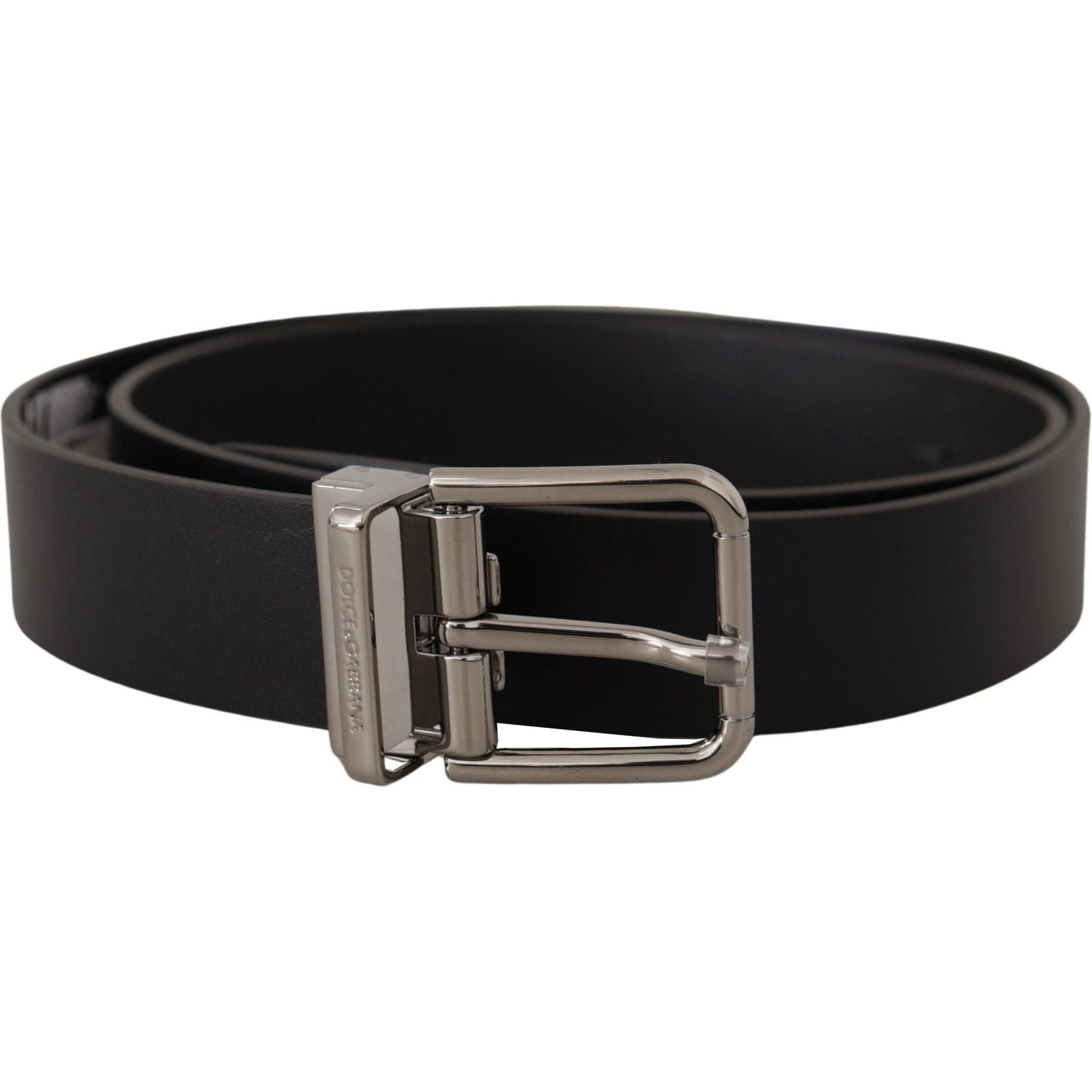 Dolce & Gabbana Black Calf Leather Logo Engraved Metal Buckle Belt