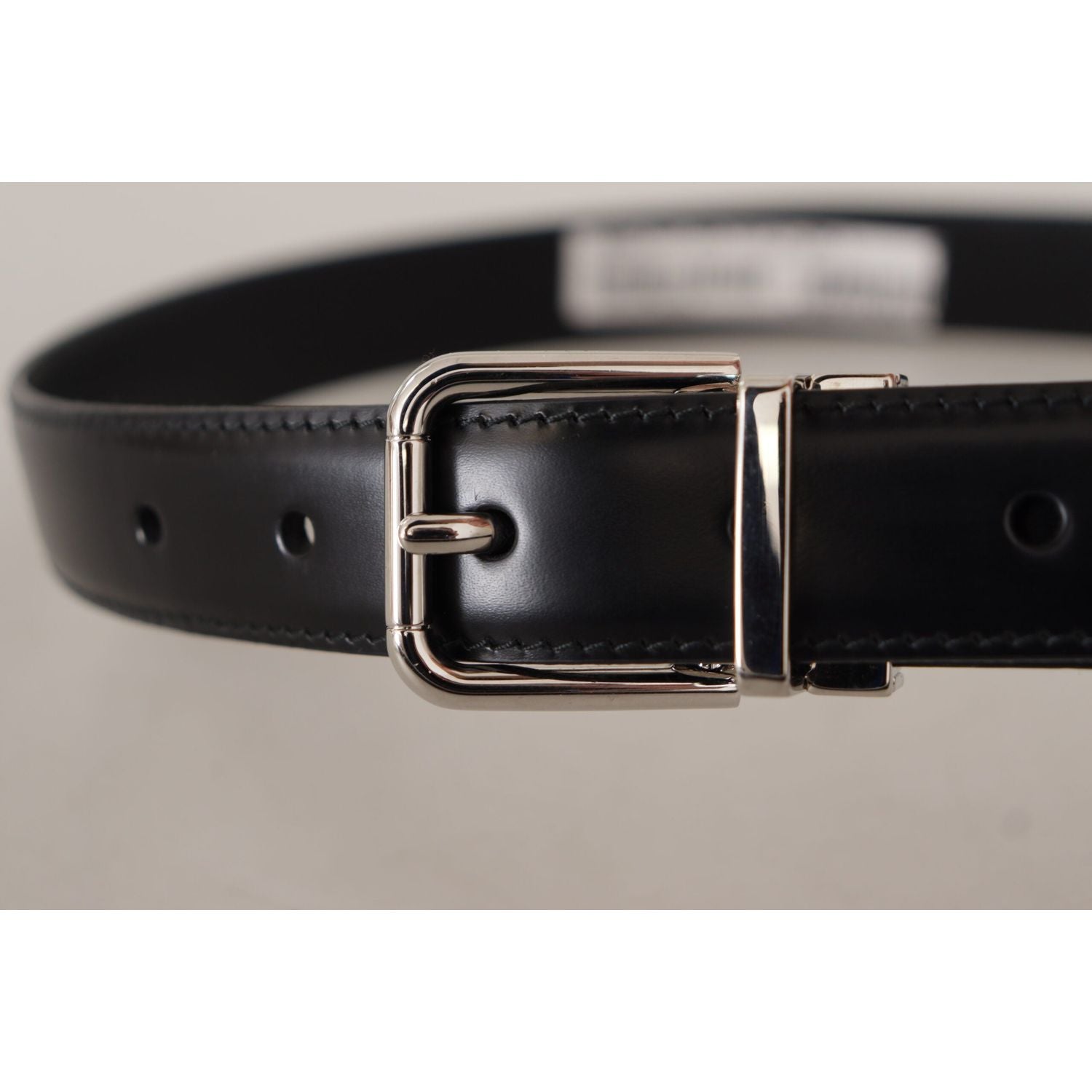 Dolce & Gabbana Black Calf Leather Logo Engraved Metal Buckle Belt