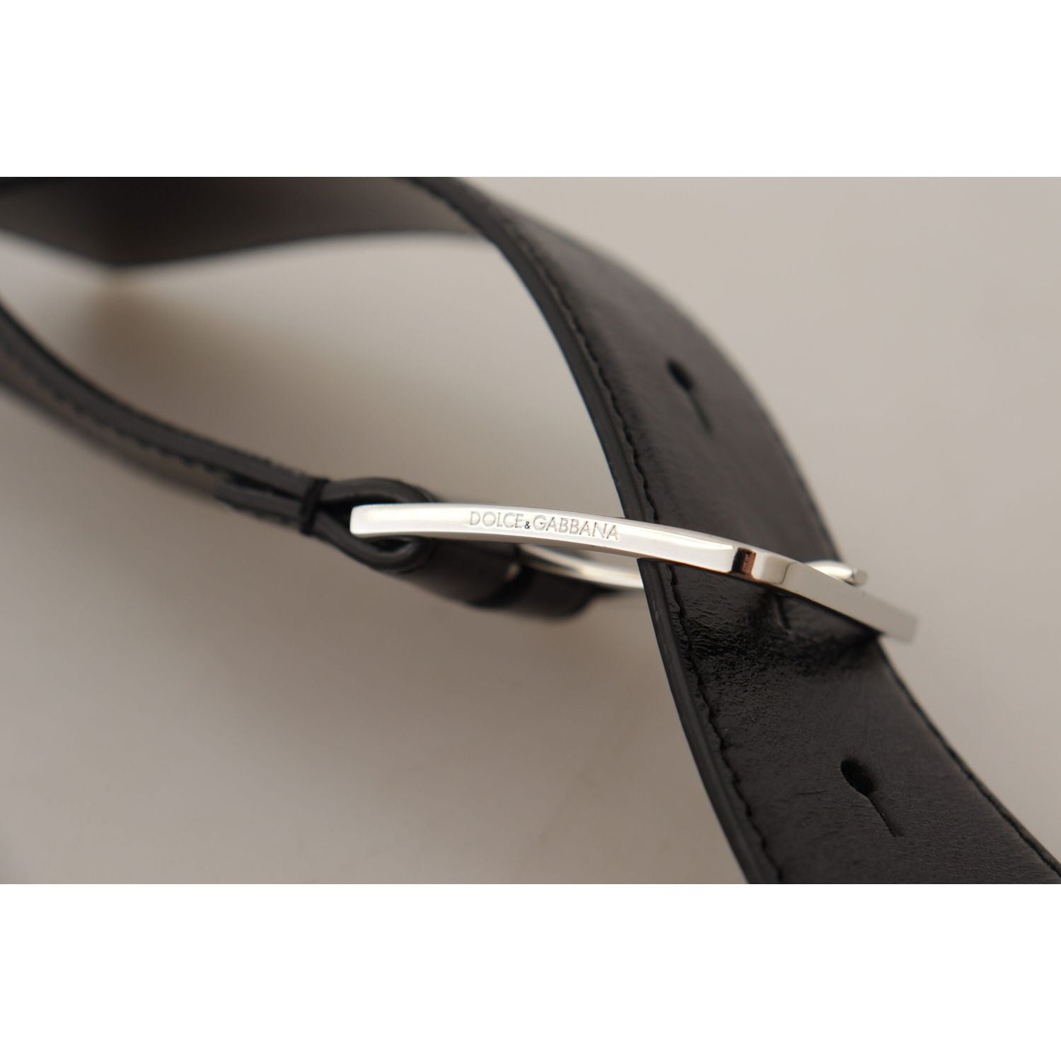 Dolce & Gabbana Black Calf Leather Logo Engraved Metal Buckle Belt