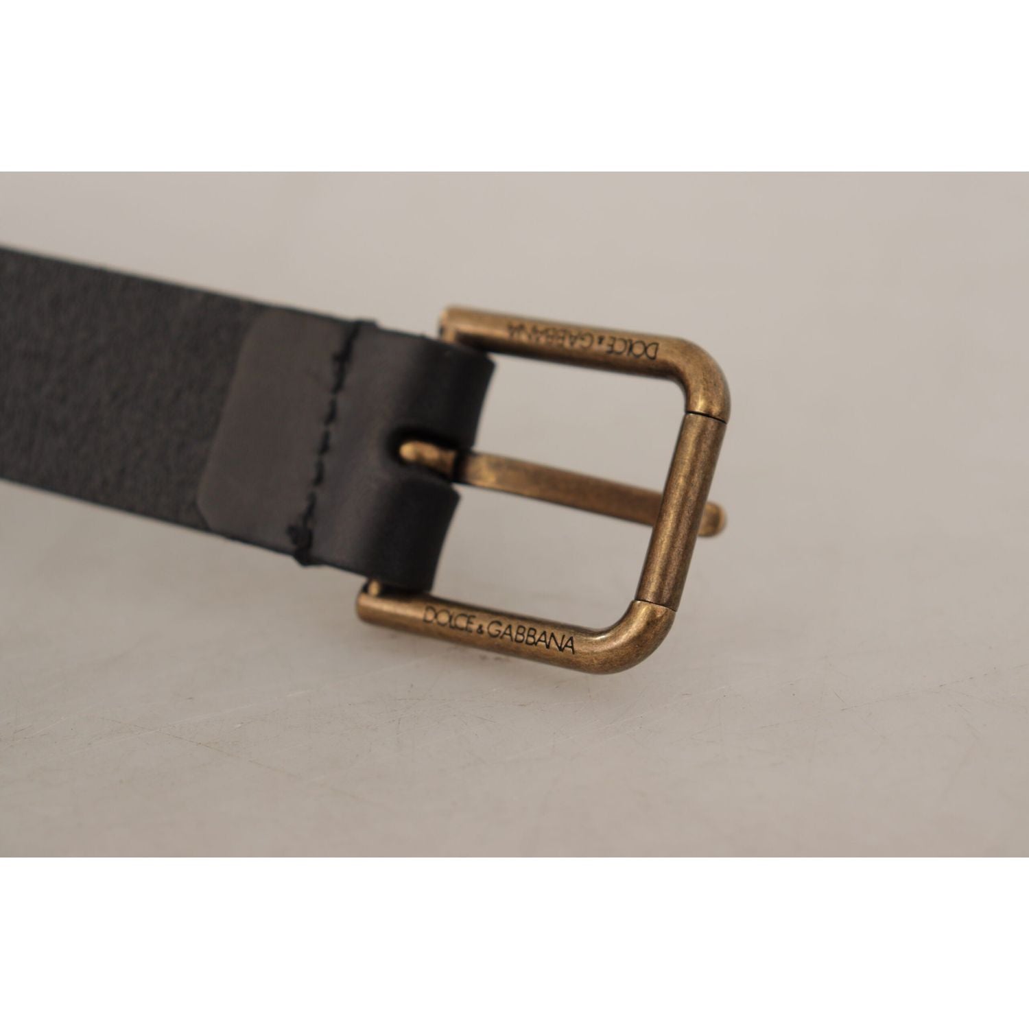 Dolce & Gabbana Black Calf Leather Brass Logo Engraved Buckle Belt