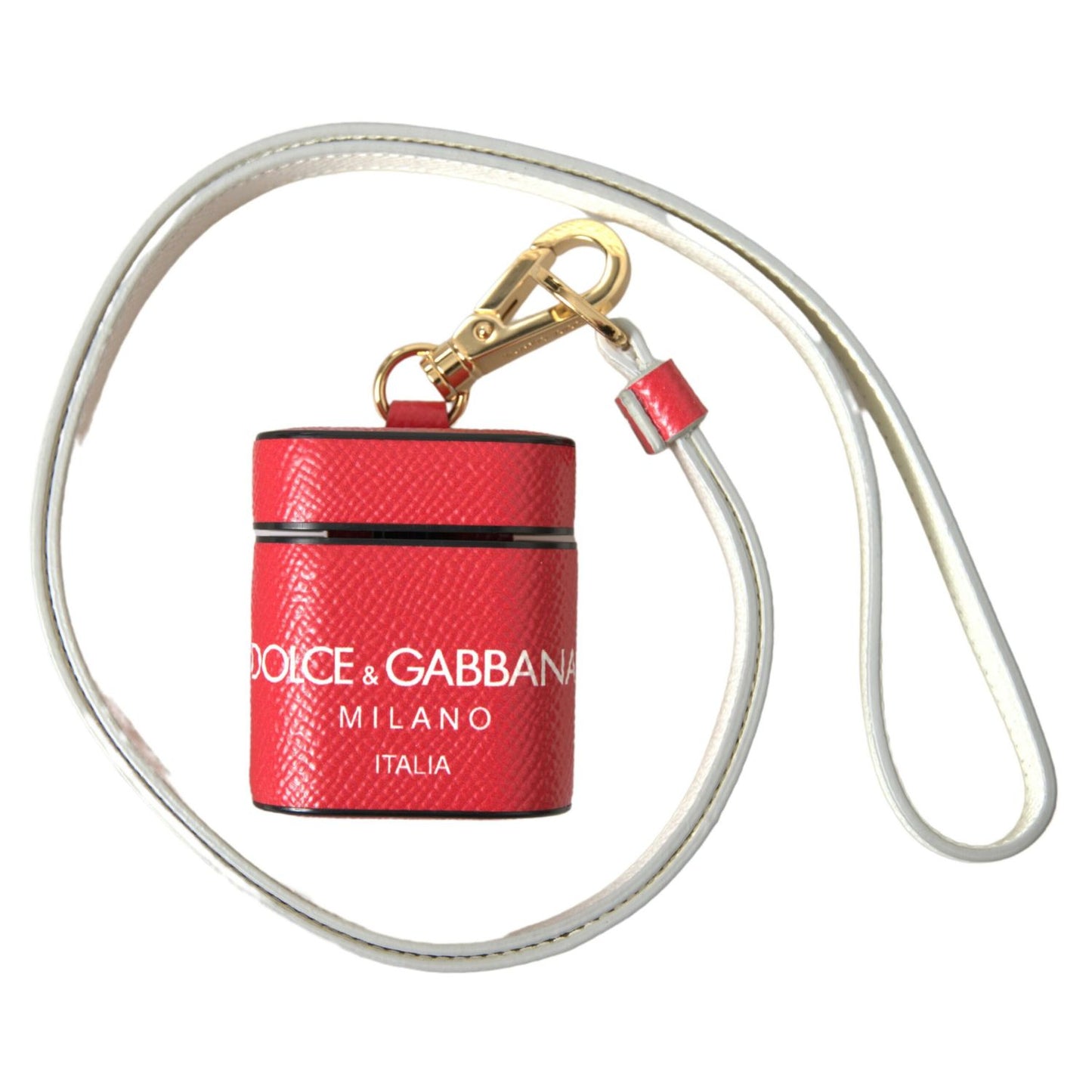 Dolce & Gabbana Red Leather Gold Tone Metal Logo Print Strap Airpods Case