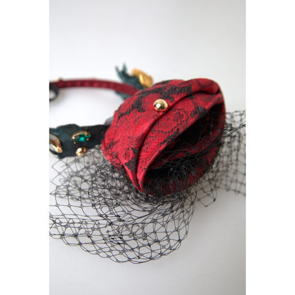 Dolce & Gabbana Red with multicolor Rose Silk Crystal Netted Logo Diadem Headband
