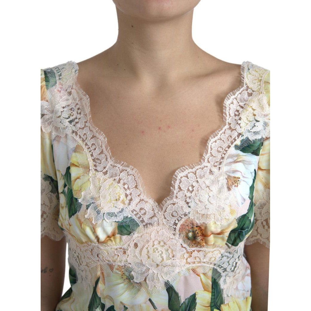 Dolce & Gabbana Multicolor Floral Lace V Neck Blouse