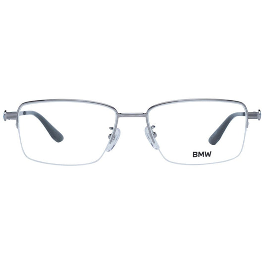 BMW Silver Men Glasses Frame, titanium half-rim rectangle design with demo lenses, includes branded case, size 55-17-145.