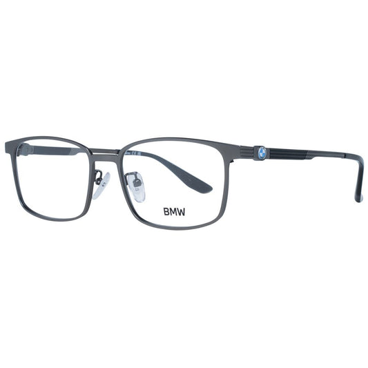 BMW Gray Men Glasses Frame with full-rim titanium design, grey color, rectangle shape, 56mm lens width, branded case included.