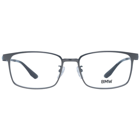 BMW Gray Men Glasses Frame with titanium full-rim in grey, rectangle style, demo lenses, featuring 56mm width and 38mm height.