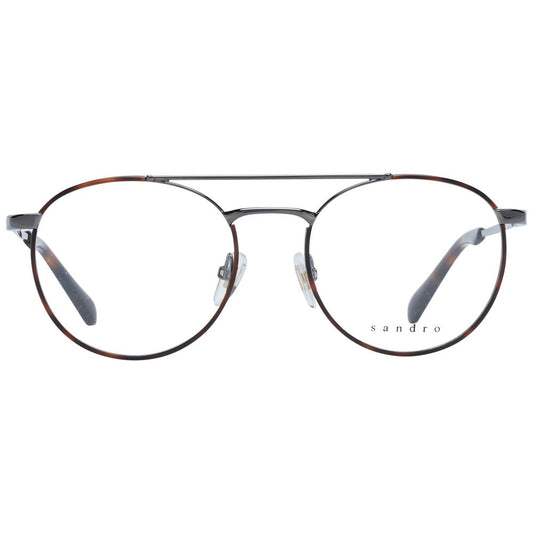 Sandro Gray Men Glasses Frame with gunmetal full-rim stainless steel design and round style, includes branded case, demo lenses.