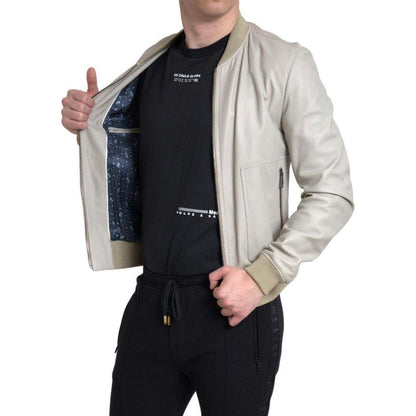 Dolce & Gabbana Cream Leather Bomber Blouson Full Zip Jacket