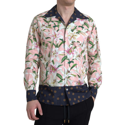 Dolce & Gabbana Cotton Polka Dot Lily Print Collared Shirt