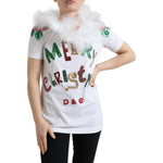 Dolce & Gabbana White Cotton Christmas Sequin Fur T-shirt