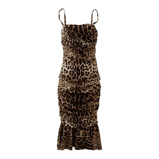 Dolce & Gabbana Brown Leopard Print Ruched Midi Dress