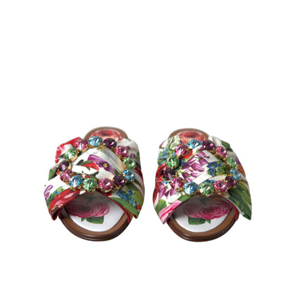 Dolce & Gabbana Multicolor Floral Flats Crystal Sandals Shoes