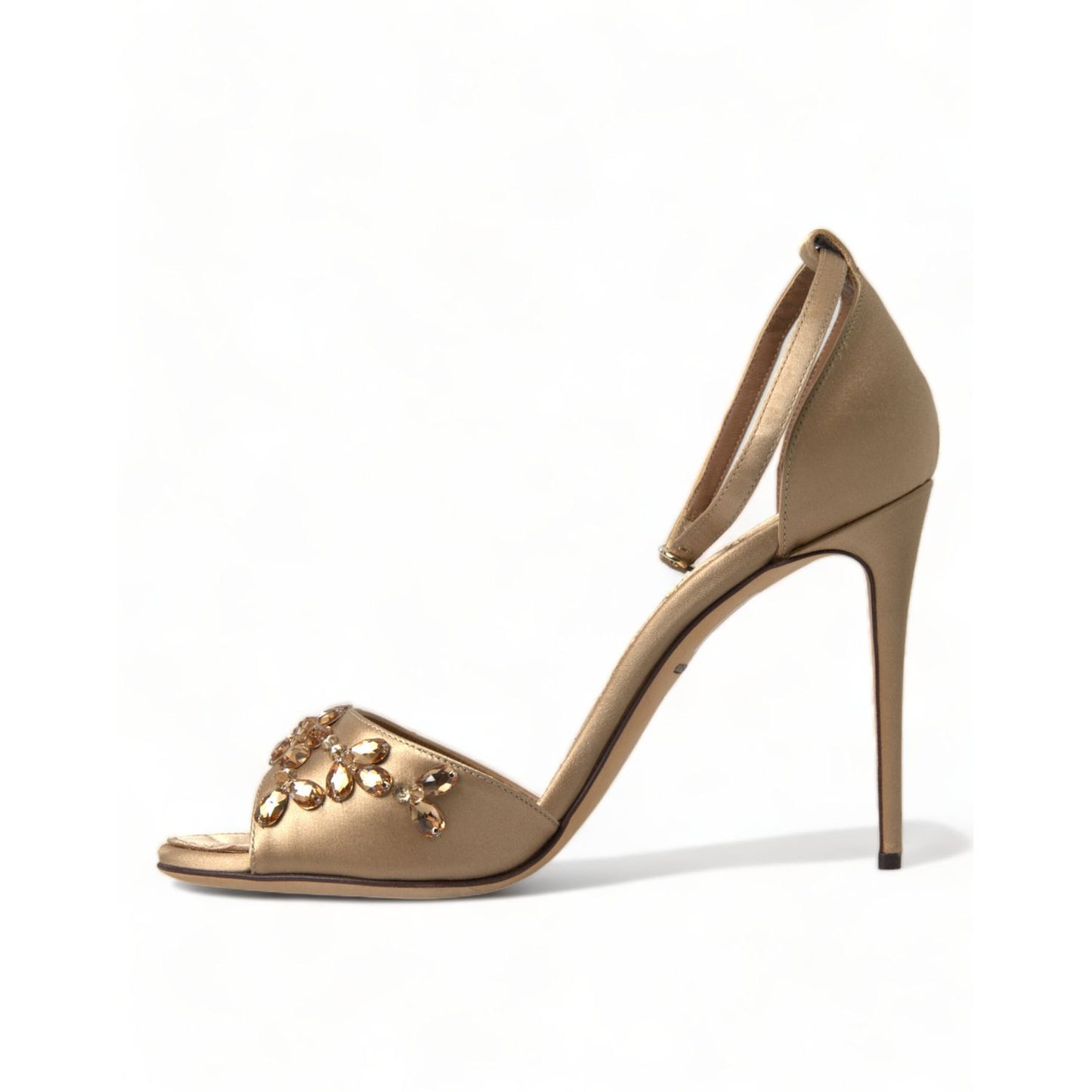 Dolce & Gabbana Gold Satin Ankle Strap Crystal Sandals Shoes