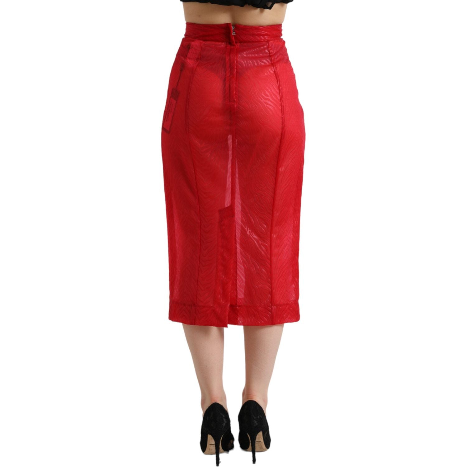 Dolce & Gabbana Red Sheer High Waist Pencil Cut Midi Skirt