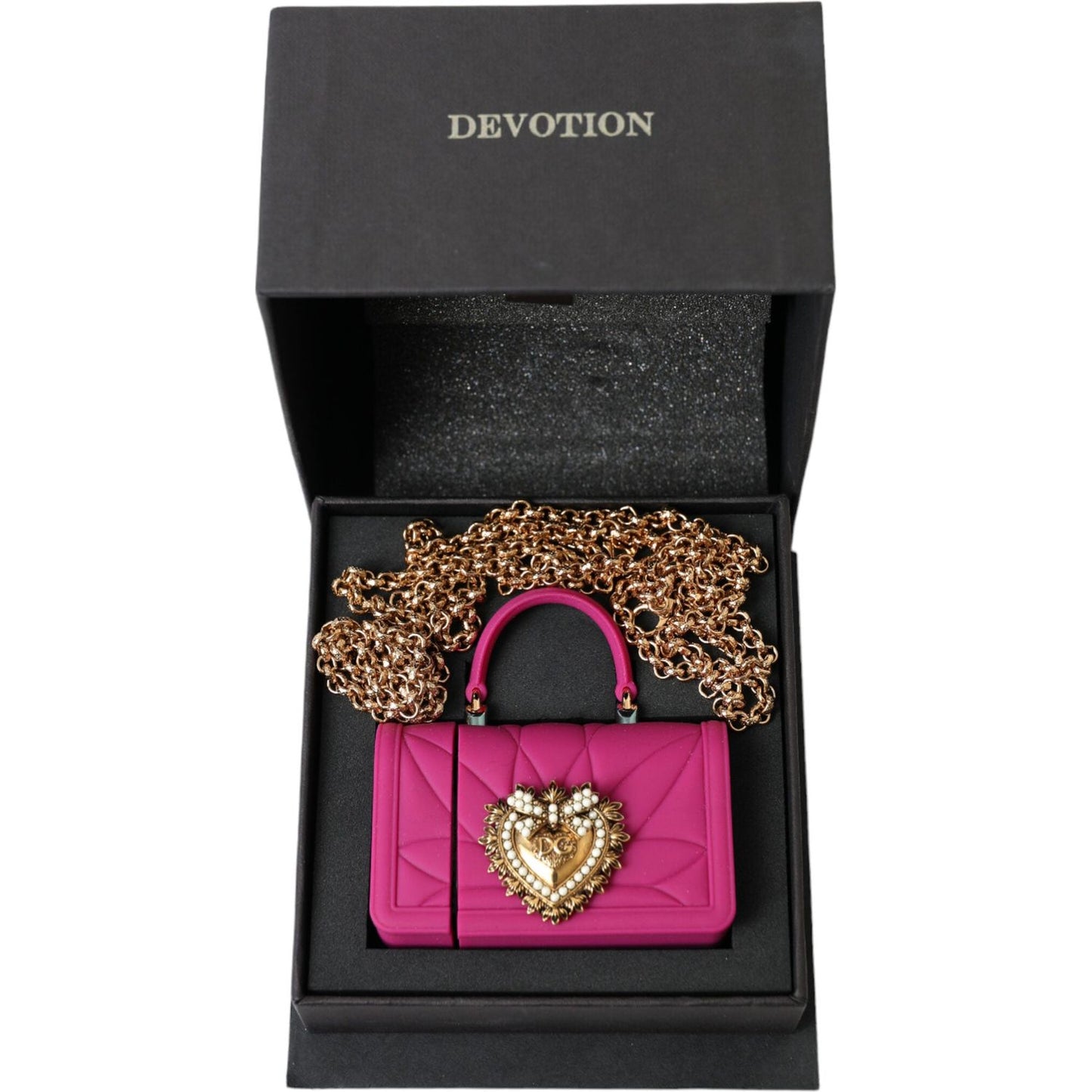Dolce & Gabbana Pink Silicone Devotion Heart Bag Gold Chain Airpods Case BAG1109