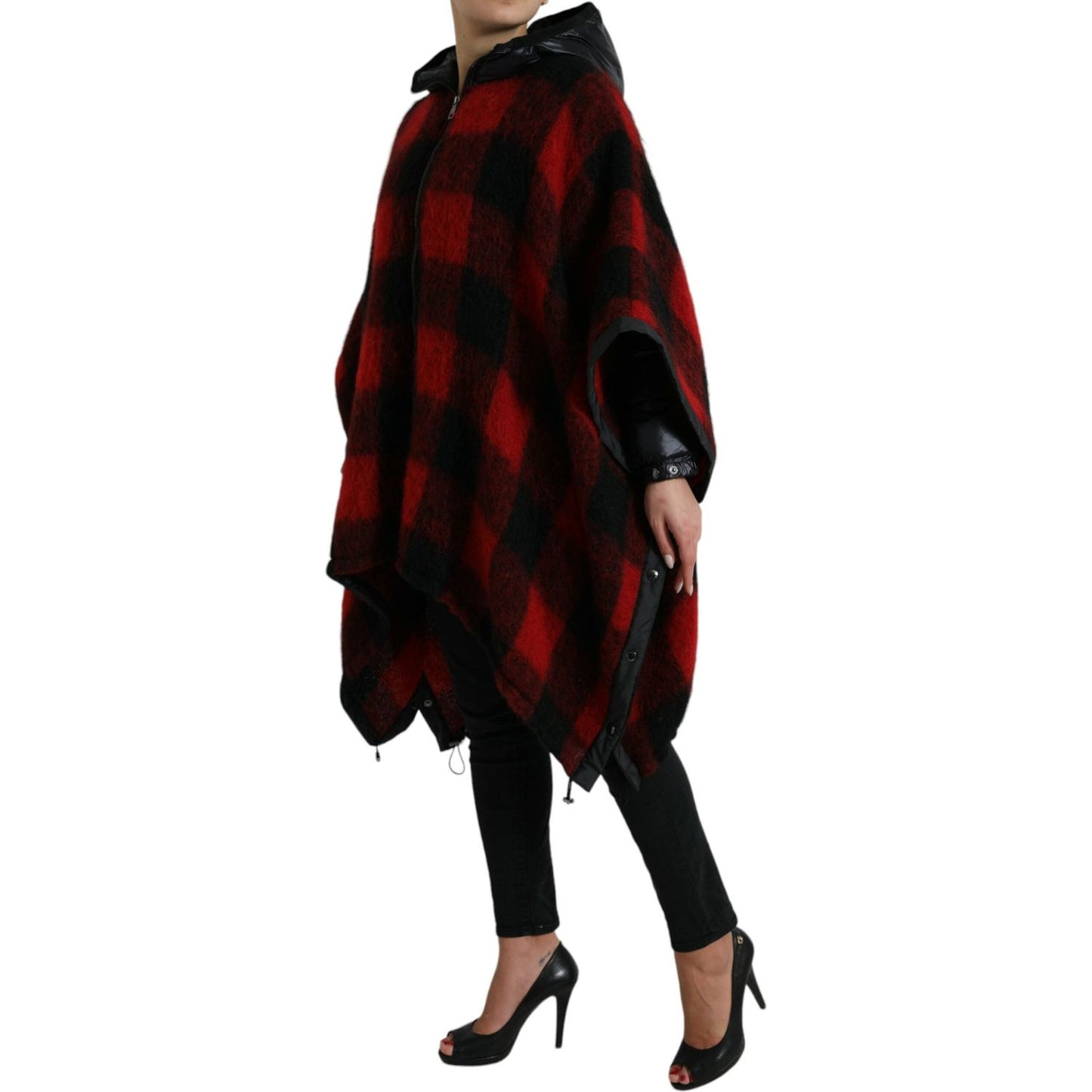 Dolce & Gabbana Black Red Buffalo Check Hooded Poncho Jacket Dolce & Gabbana