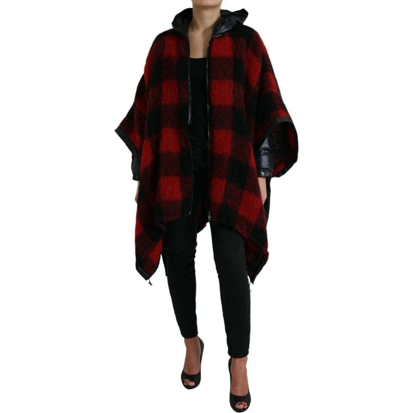 Dolce & Gabbana Black Red Buffalo Check Hooded Poncho Jacket Dolce & Gabbana